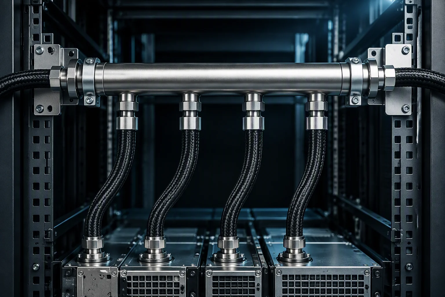 A horizontal manifold spanning the front beam of a rack frame