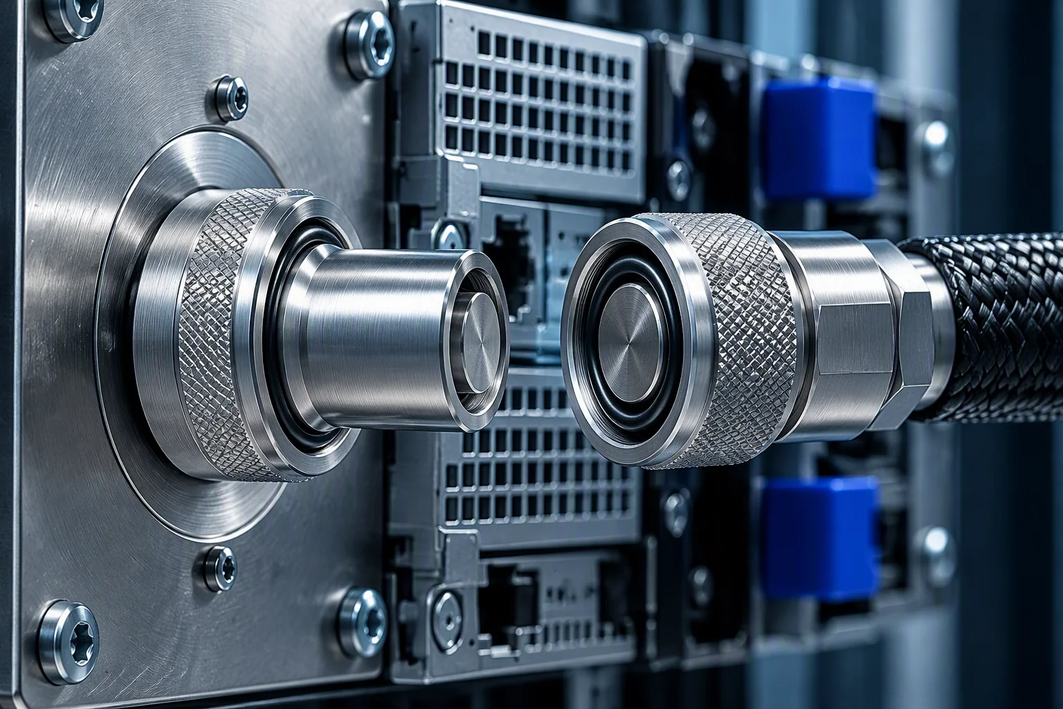 Macro of two manifold port faces showing the knurled ring and the face seal