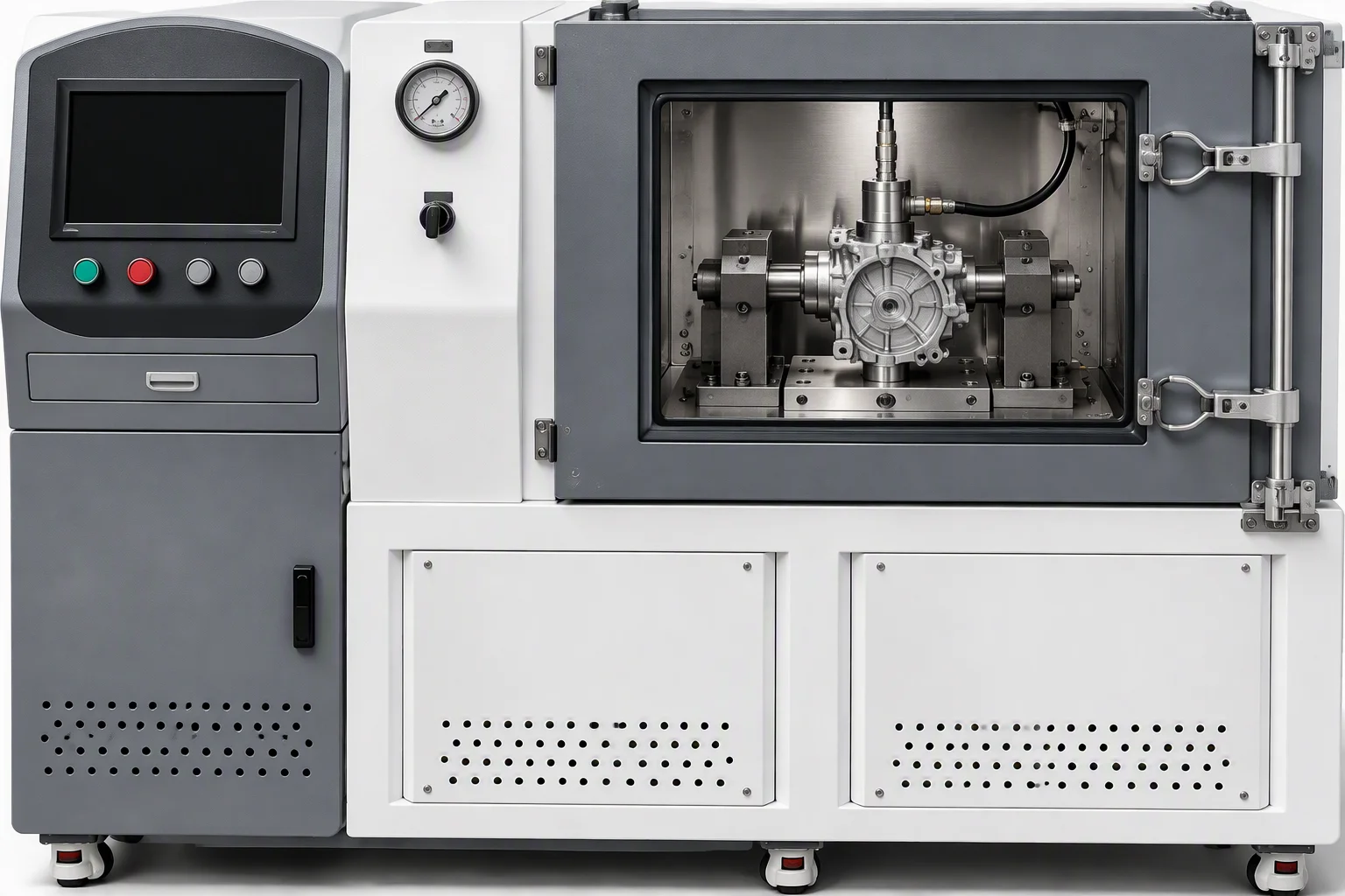 A leak test station with one manifold clamped in a chamber