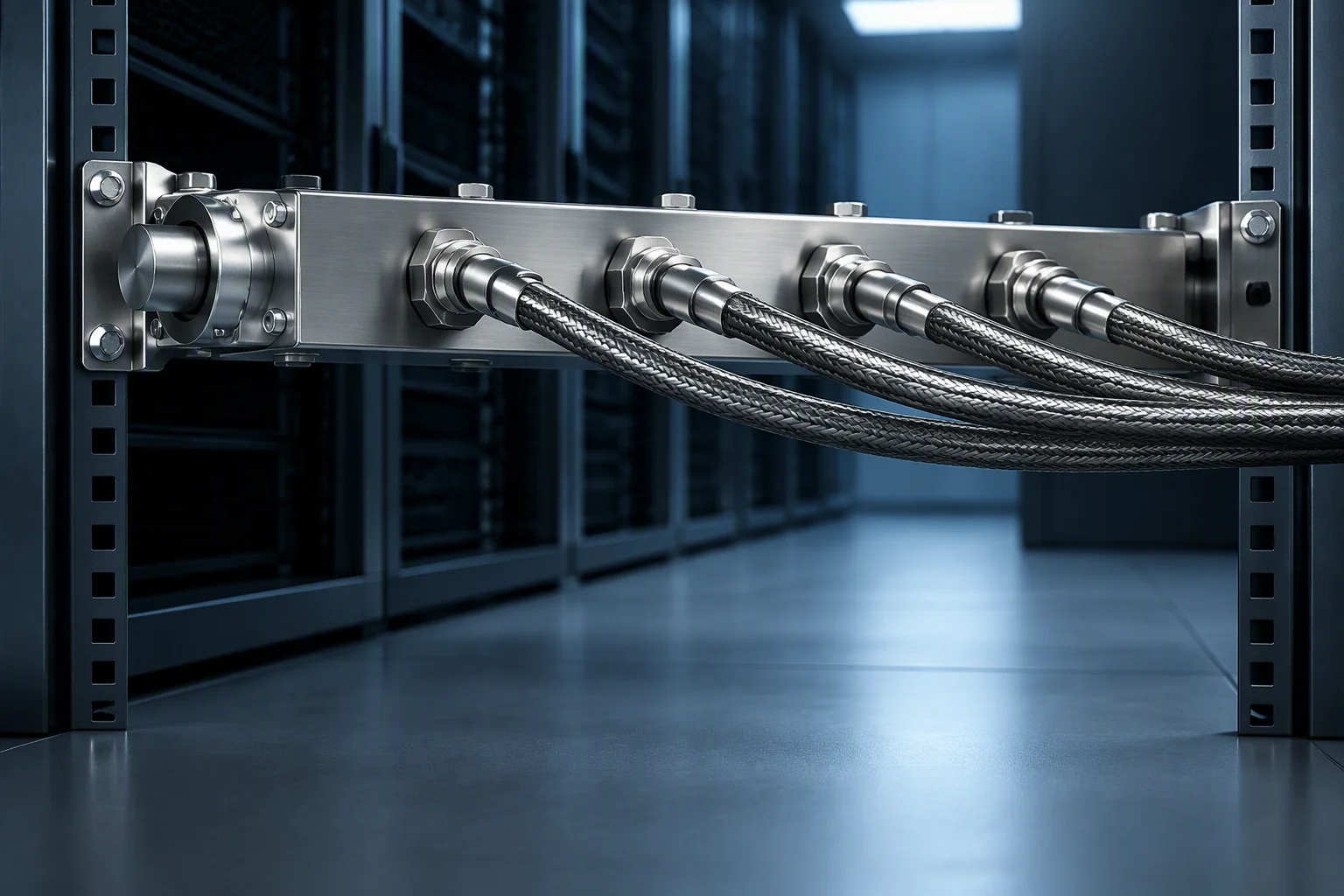 A horizontal manifold spanning the front beam of a rack frame with ports evenly spaced