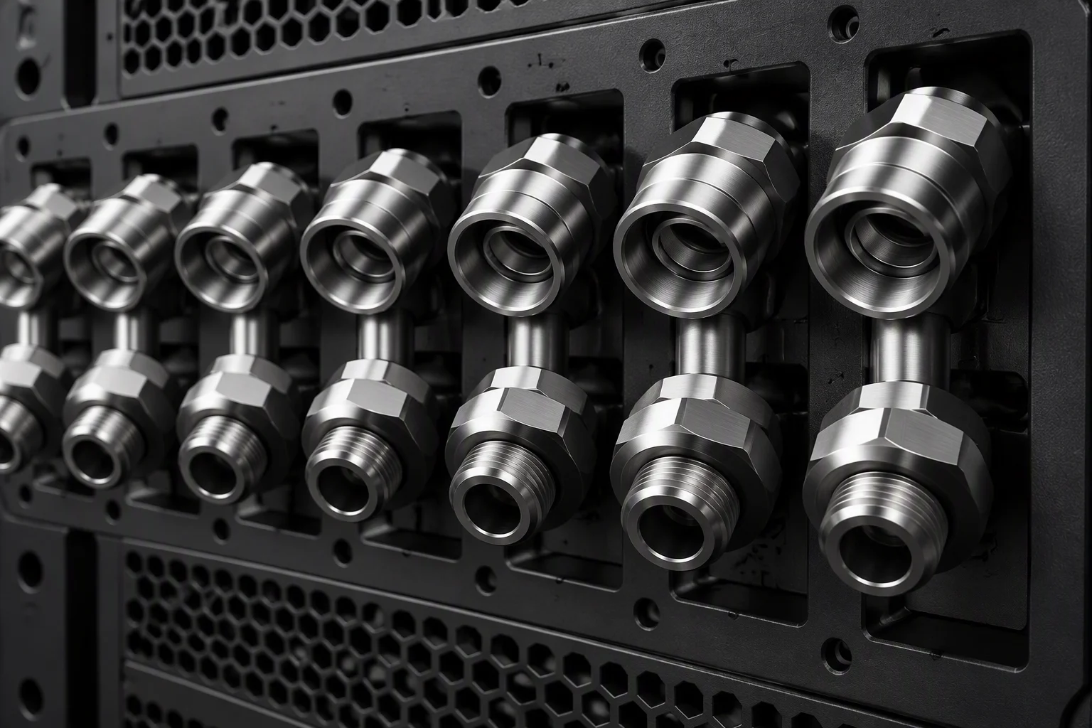 An ORv3 rack front showing a port row on 48 mm pitch