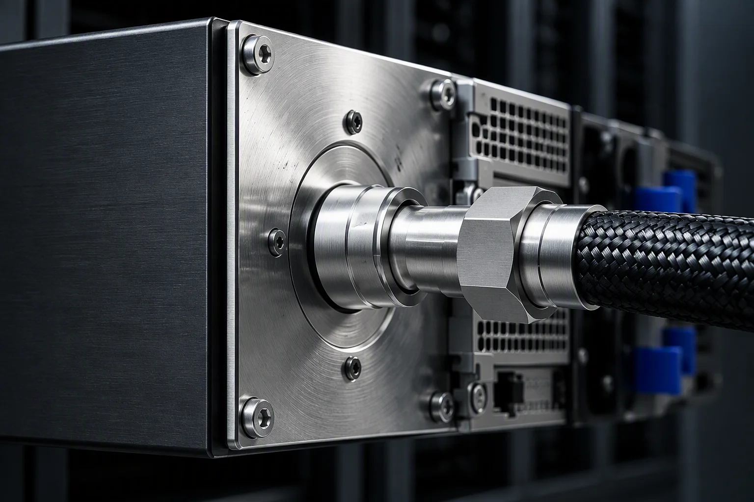 Macro of the feed end of a horizontal manifold showing its machined end cap and supply hose