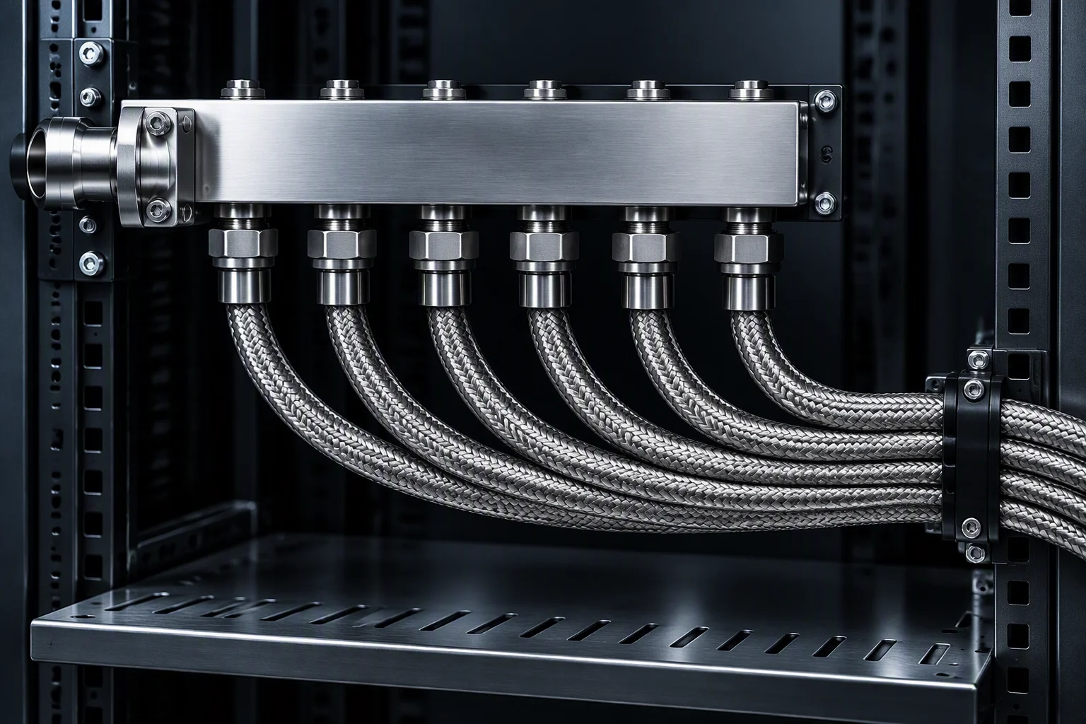 Rendering: a horizontal manifold above a shelf with six braided hoses gathered and swept to one side