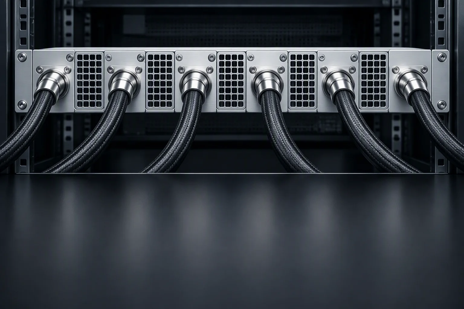 Port column on an Open Rack V3 manifold, couplings set at equal spacing on a dark plate