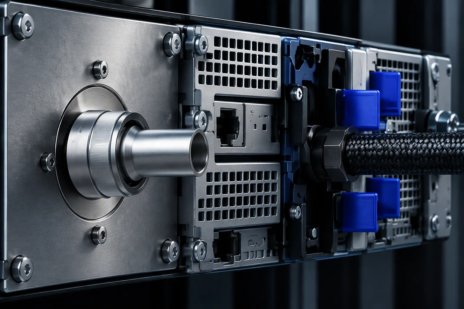 Row of manifold ports at equal spacing, couplings level along a single datum line