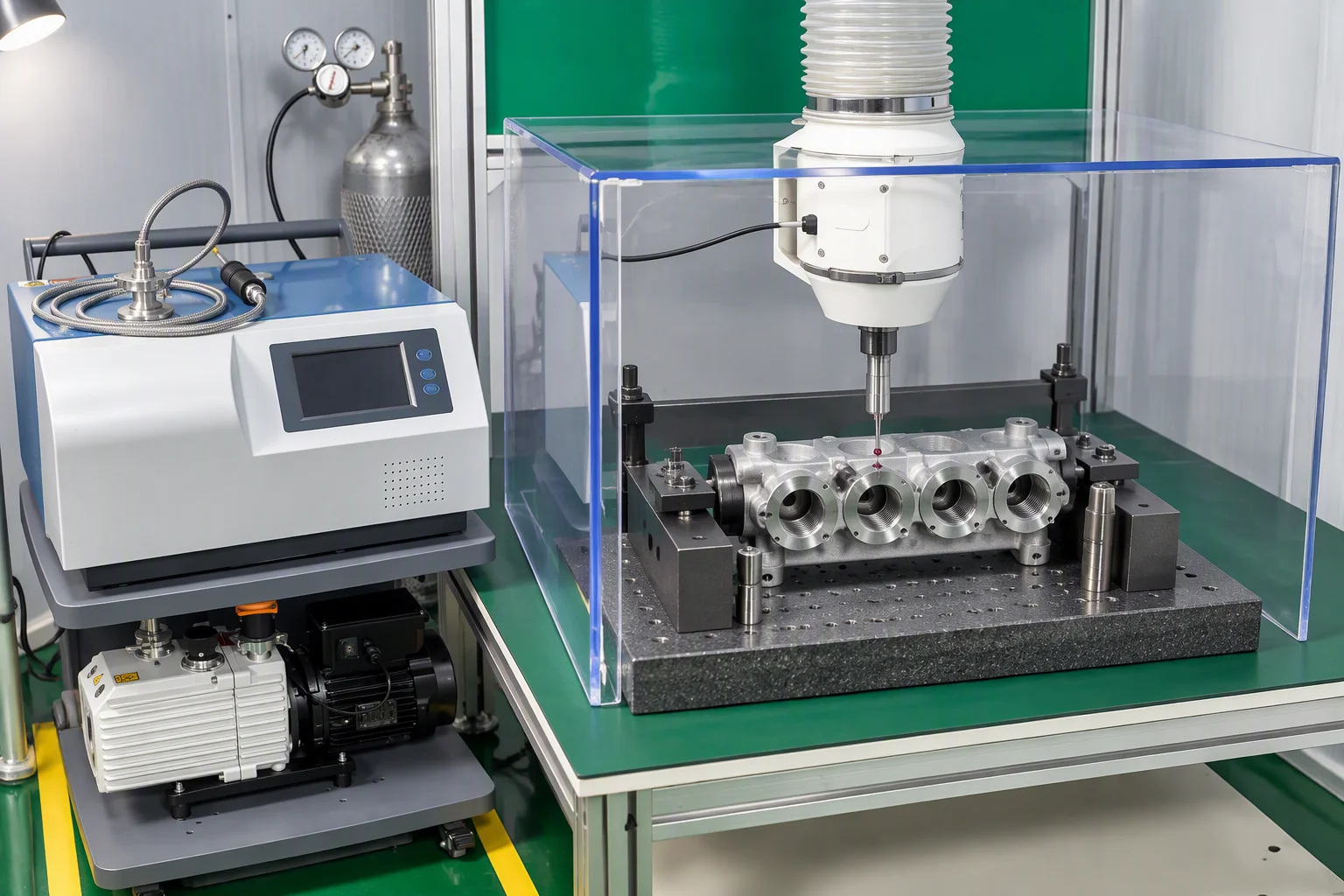 Probe tip indexing the port positions along a manifold, measuring scale alongside