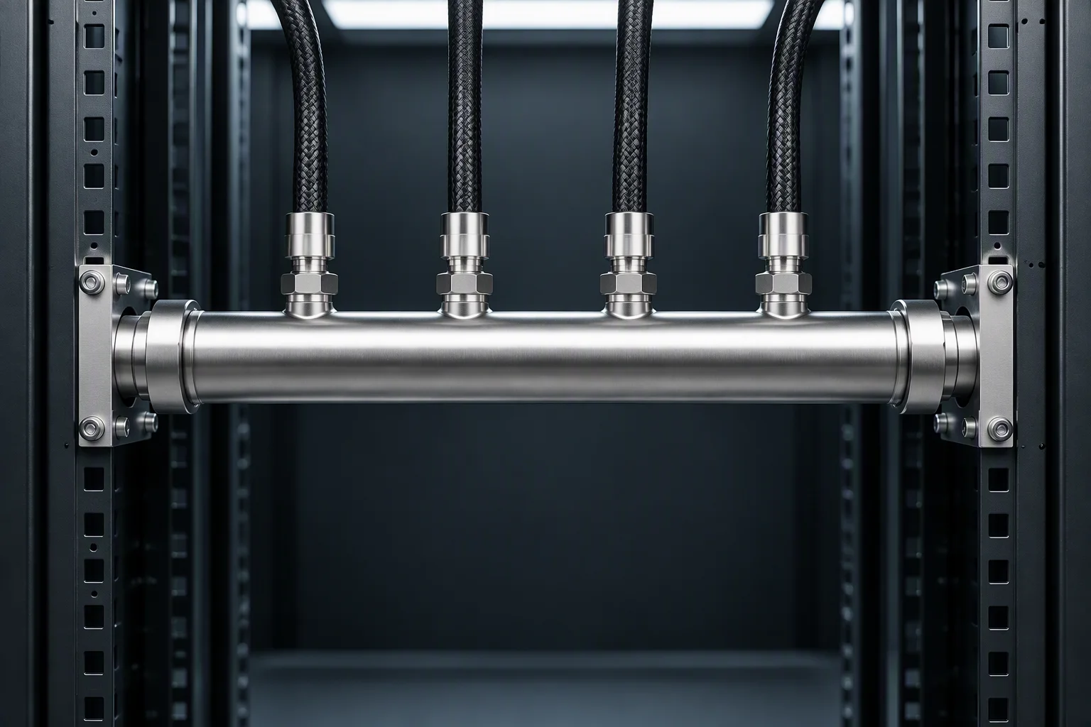 Horizontal manifold tube spanning the front of a rack bay