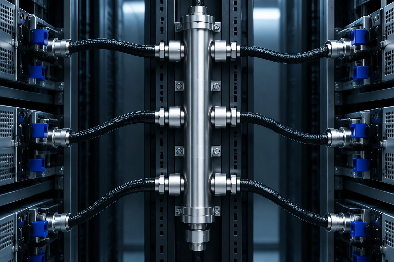 Tall vertical manifold body standing against a rack rear door