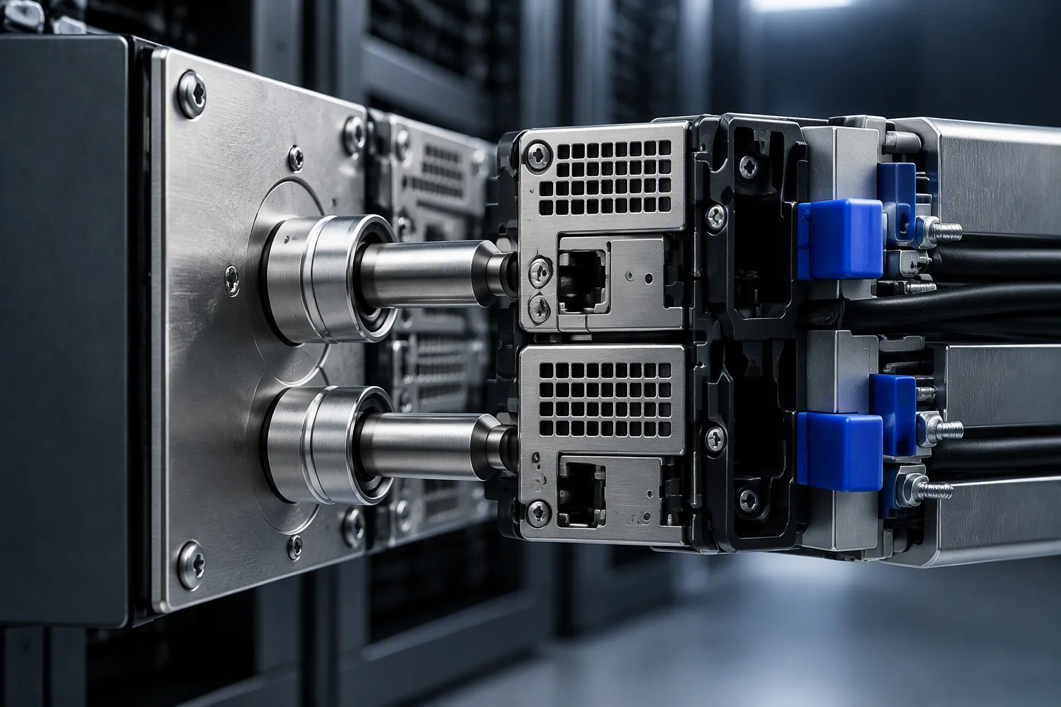Rendering: a tray connector pair advancing on a manifold port row, guide pins just entering the bushings