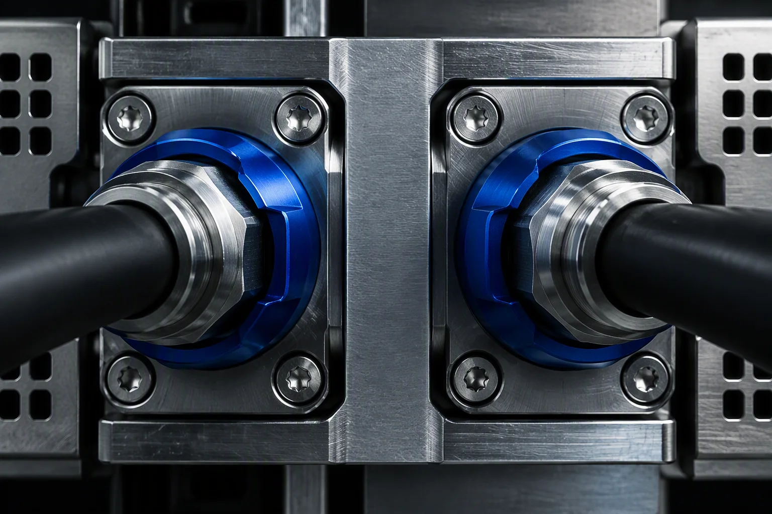 Macro along a port row showing two adjacent ports and the flat datum face between them
