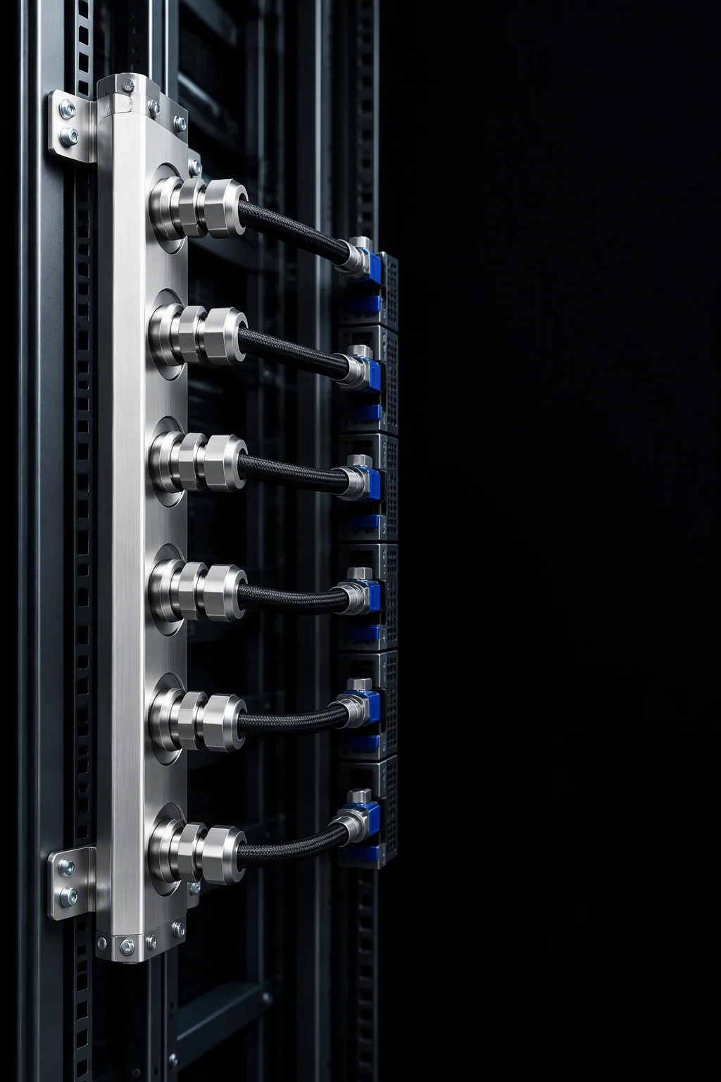 A full-height vertical manifold standing against a rear rack post, ports in one column