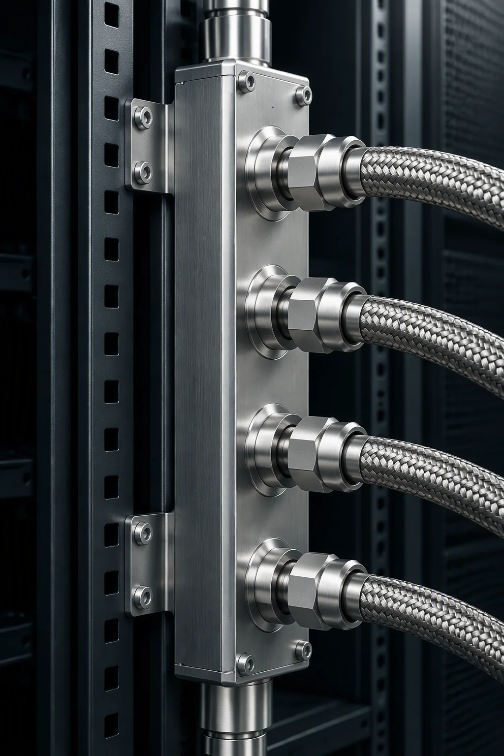 A vertical manifold standing beside a rack frame, showing the height it has to match