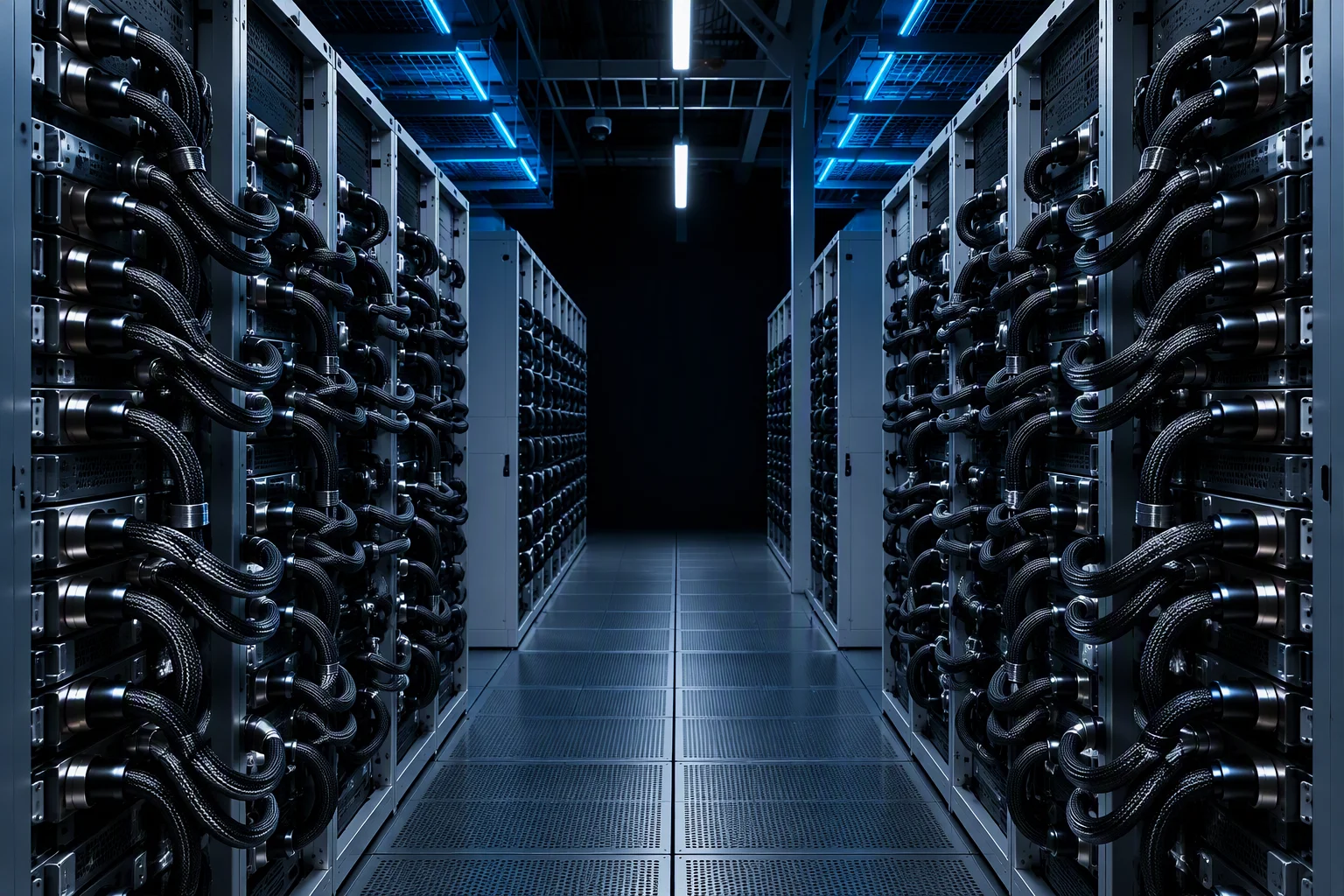 A rear aisle with manifold ports feeding hoses into server nodes