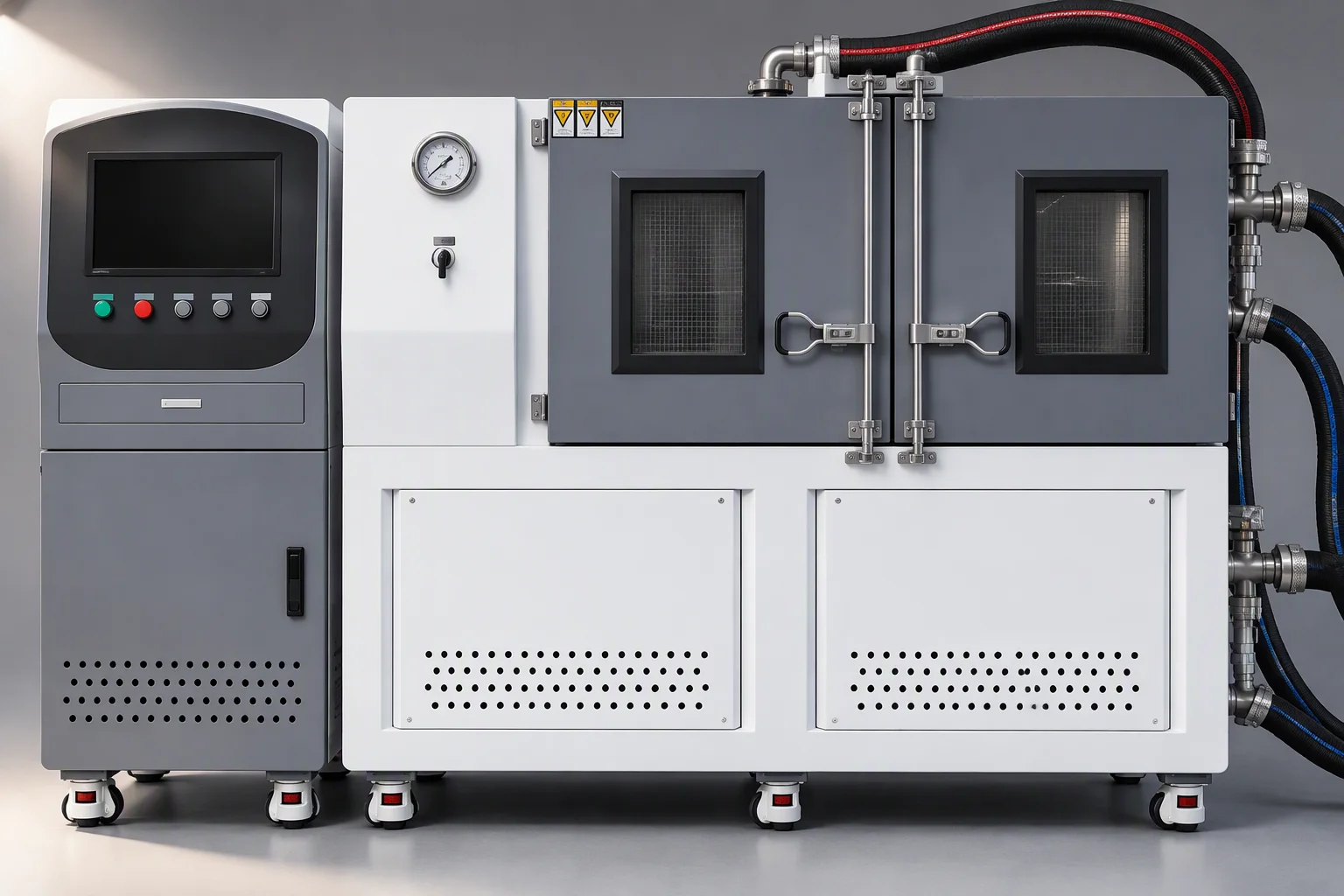 A test bench unit with its chamber closed and hoses running to the fixture