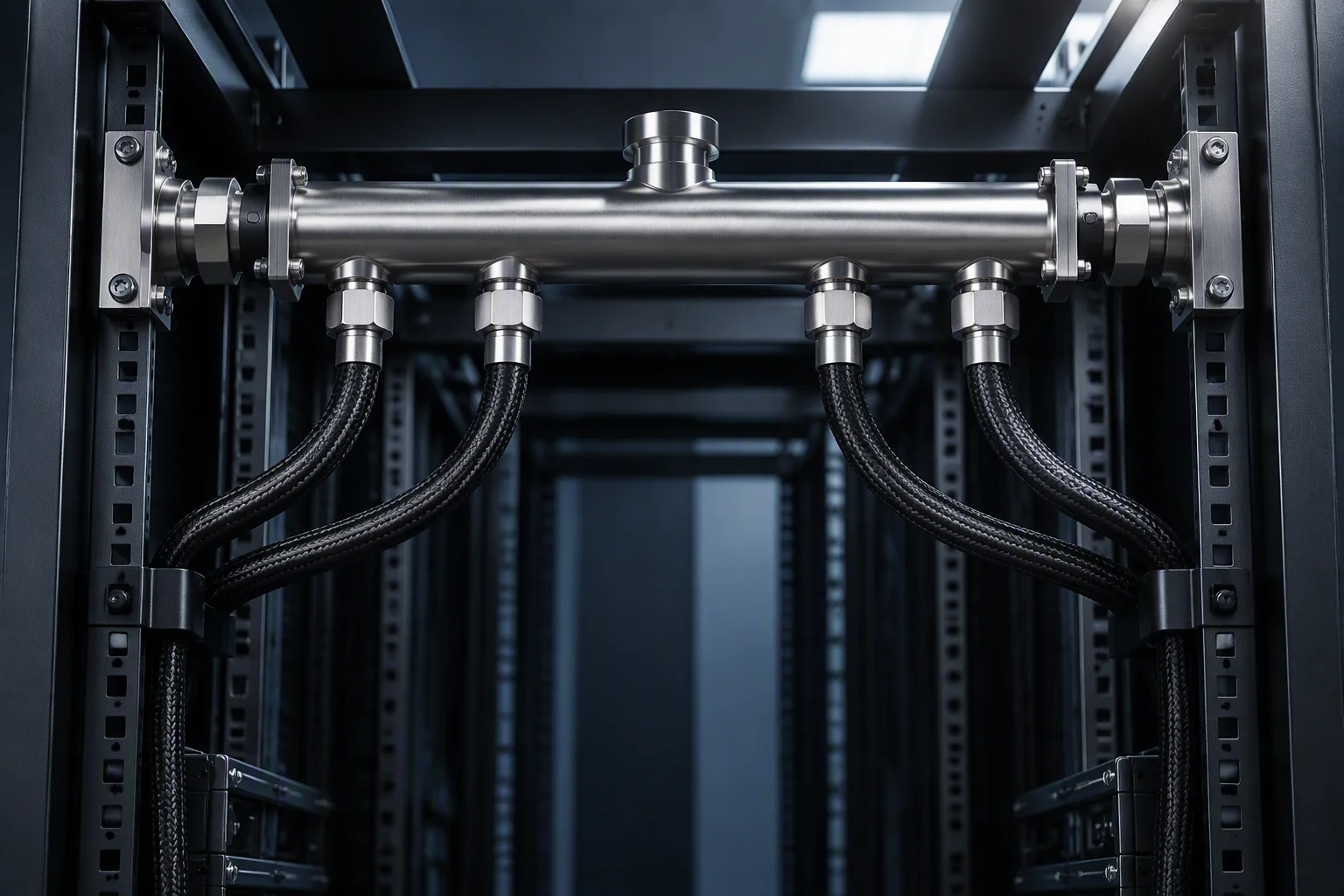 A horizontal manifold spanning the front beam of a rack frame