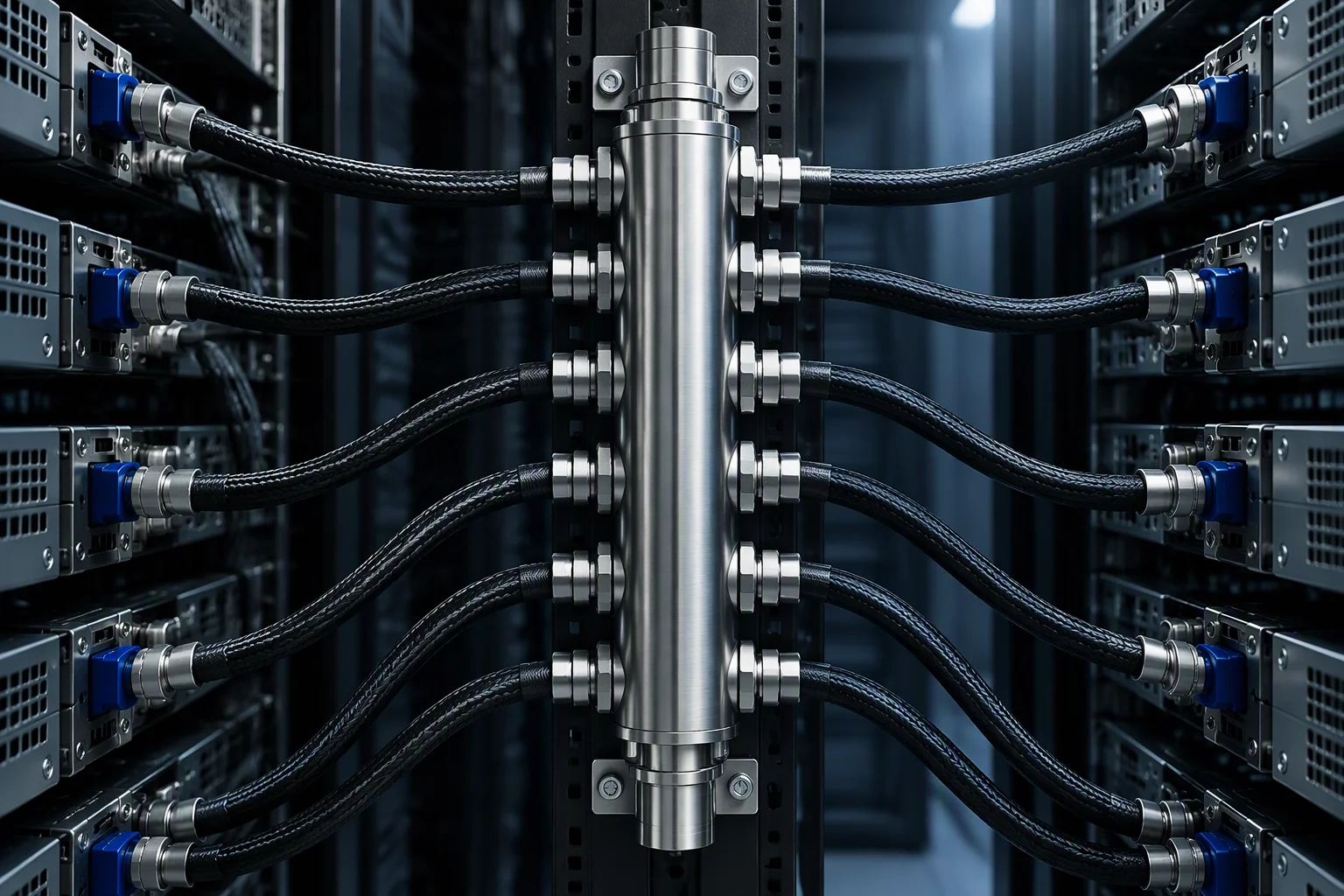 Rendering: a full-height vertical manifold bolted to a rear rack post, hoses fanning out to the trays
