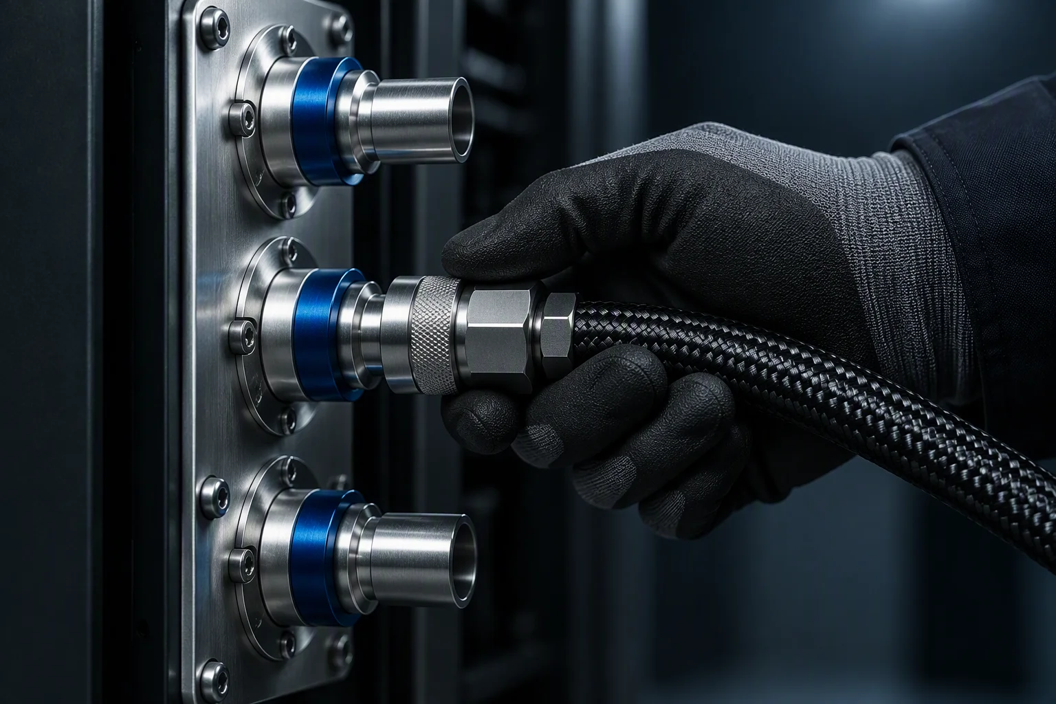 A gloved hand reaching a mid port on a vertical manifold