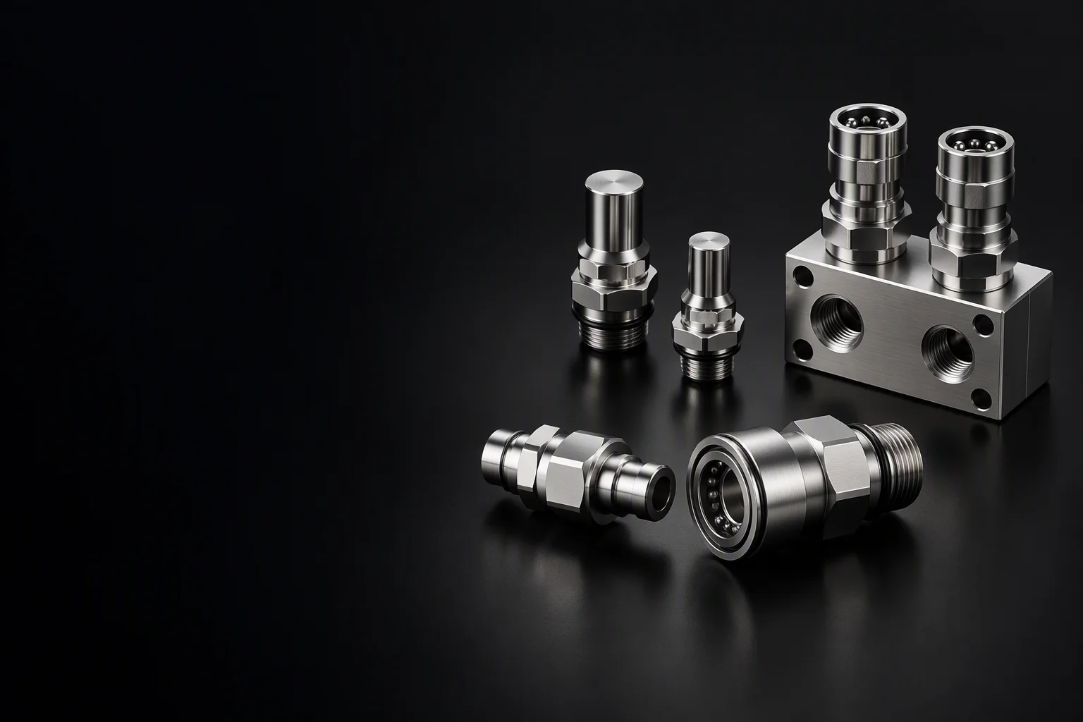 Three product groups on a dark workbench — hand-connect couplings, blind-mate pairs and a manifold section, held to the right with the left of the frame kept clear (generated image)