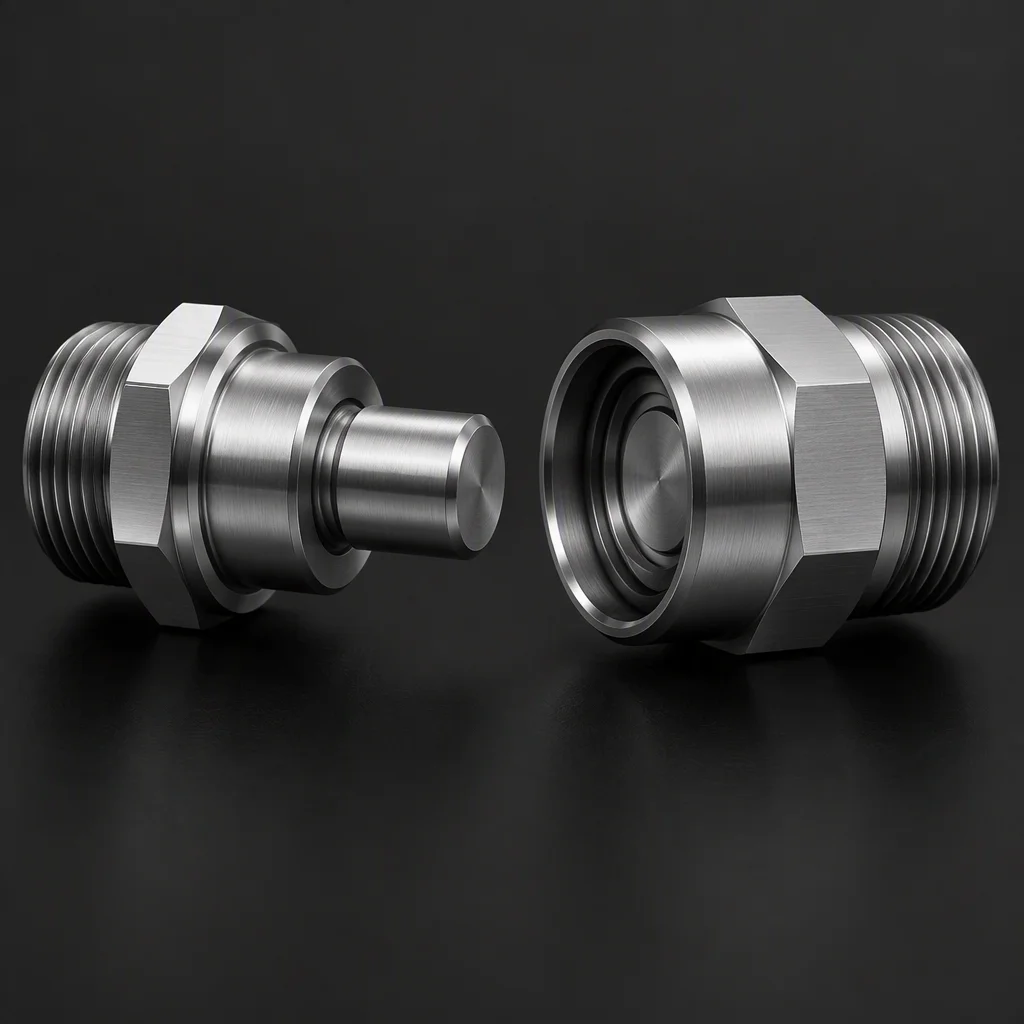 One blind-mate pair, plug and receptacle facing each other, bare stainless (generated image)