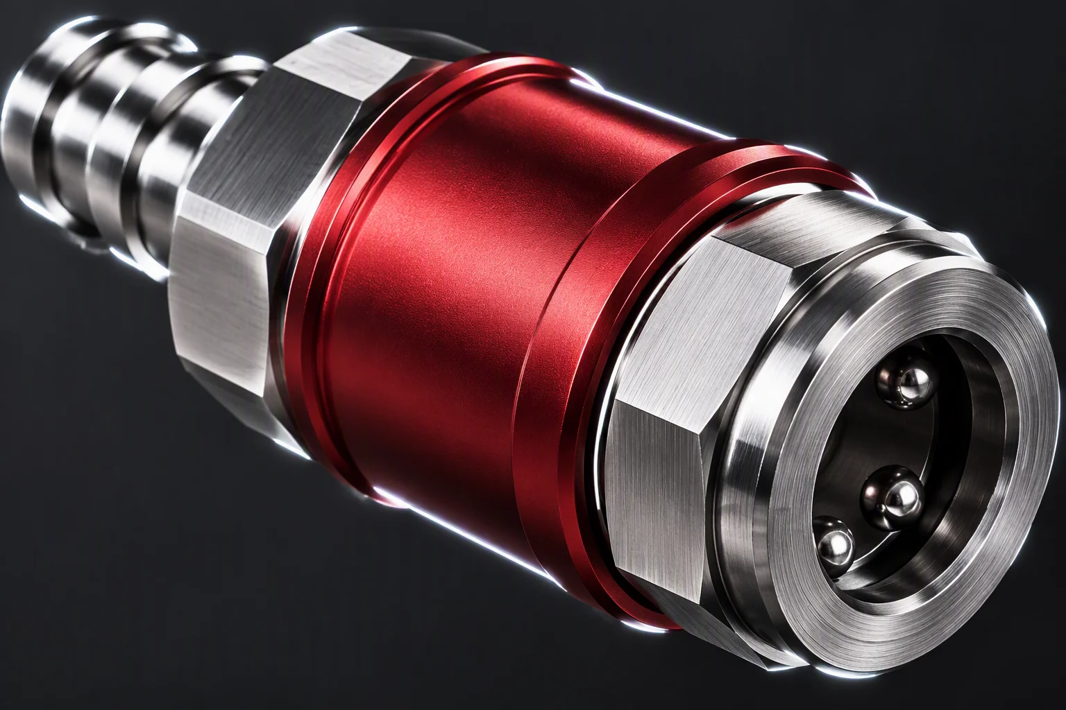 Close-up of coupling cap rings and laser-marked flats, markings unreadable (generated image)