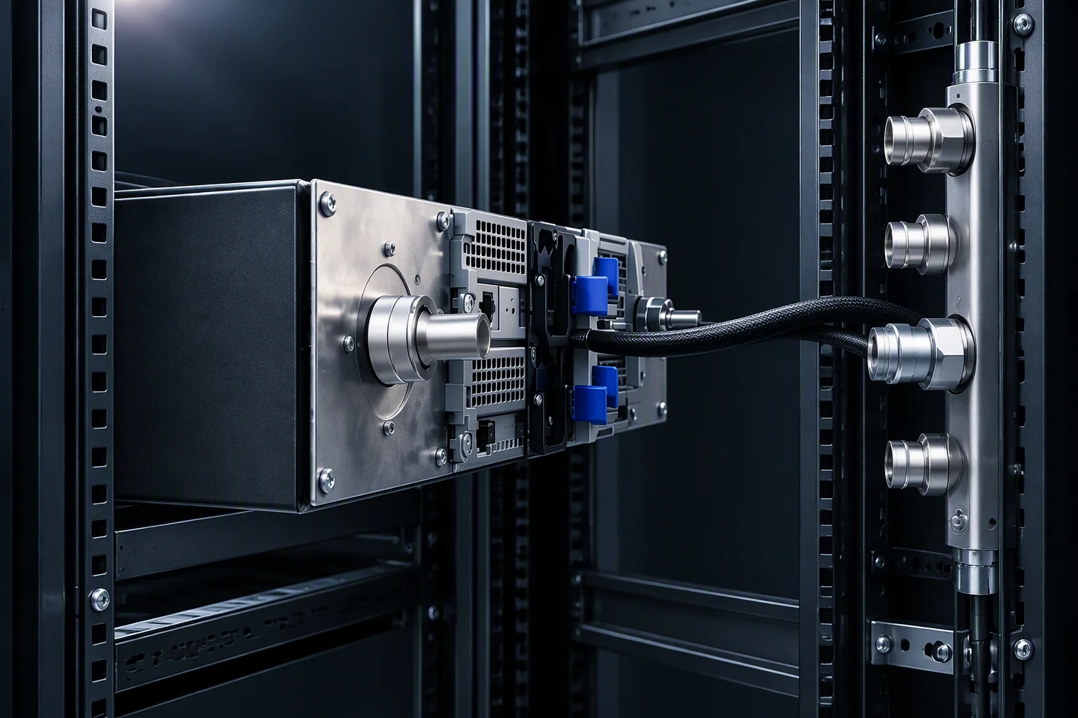 An open rack frame with a manifold on the rear post, braided hose alongside (generated image)