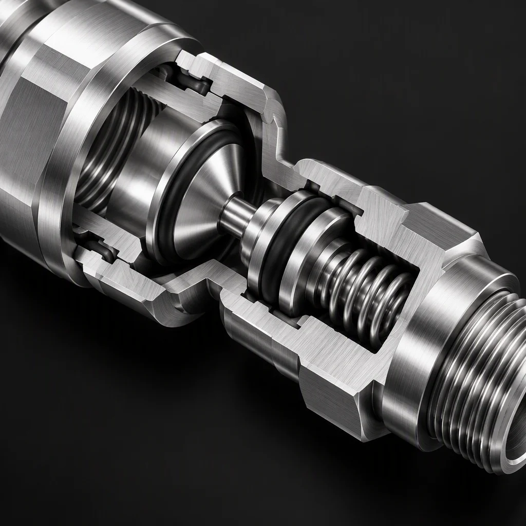 Macro cut-away of the dry-break poppet and seal stack inside a coupling body (generated image)