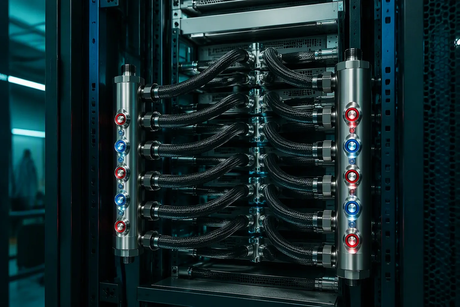 GPU server rack with blind-mate quick disconnects and a supply manifold feeding liquid-cooled trays