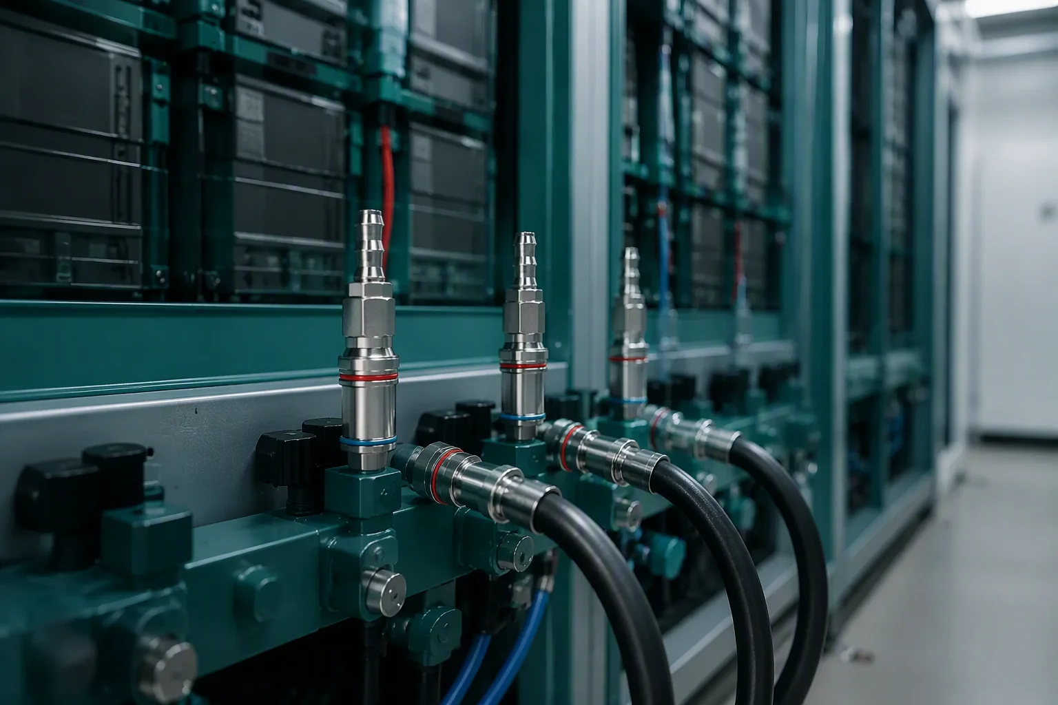 Battery energy storage container with pack-level liquid cooling manifolds and quick disconnect couplings