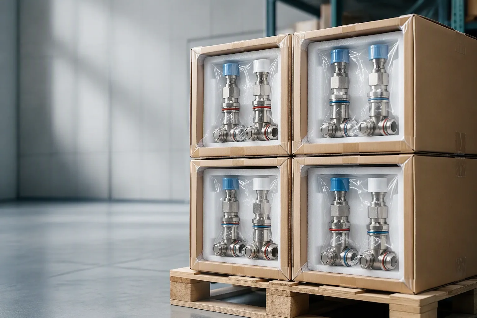Packed DryLink UQD coupling sets in foam-protected export cartons ready for dispatch