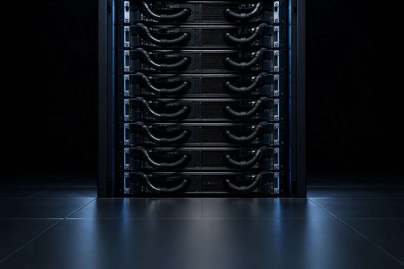 Rendering: a rack row seen down the aisle at low light, one rack face with its manifold and hose runs centred in the frame