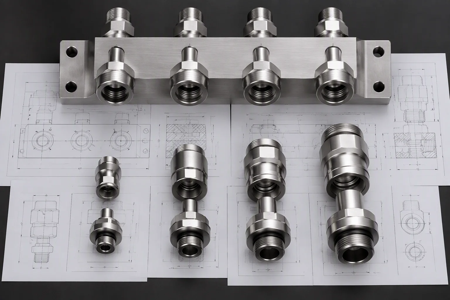 Rendering: a design review table seen from above, a manifold section and coupling samples laid on printed drawings