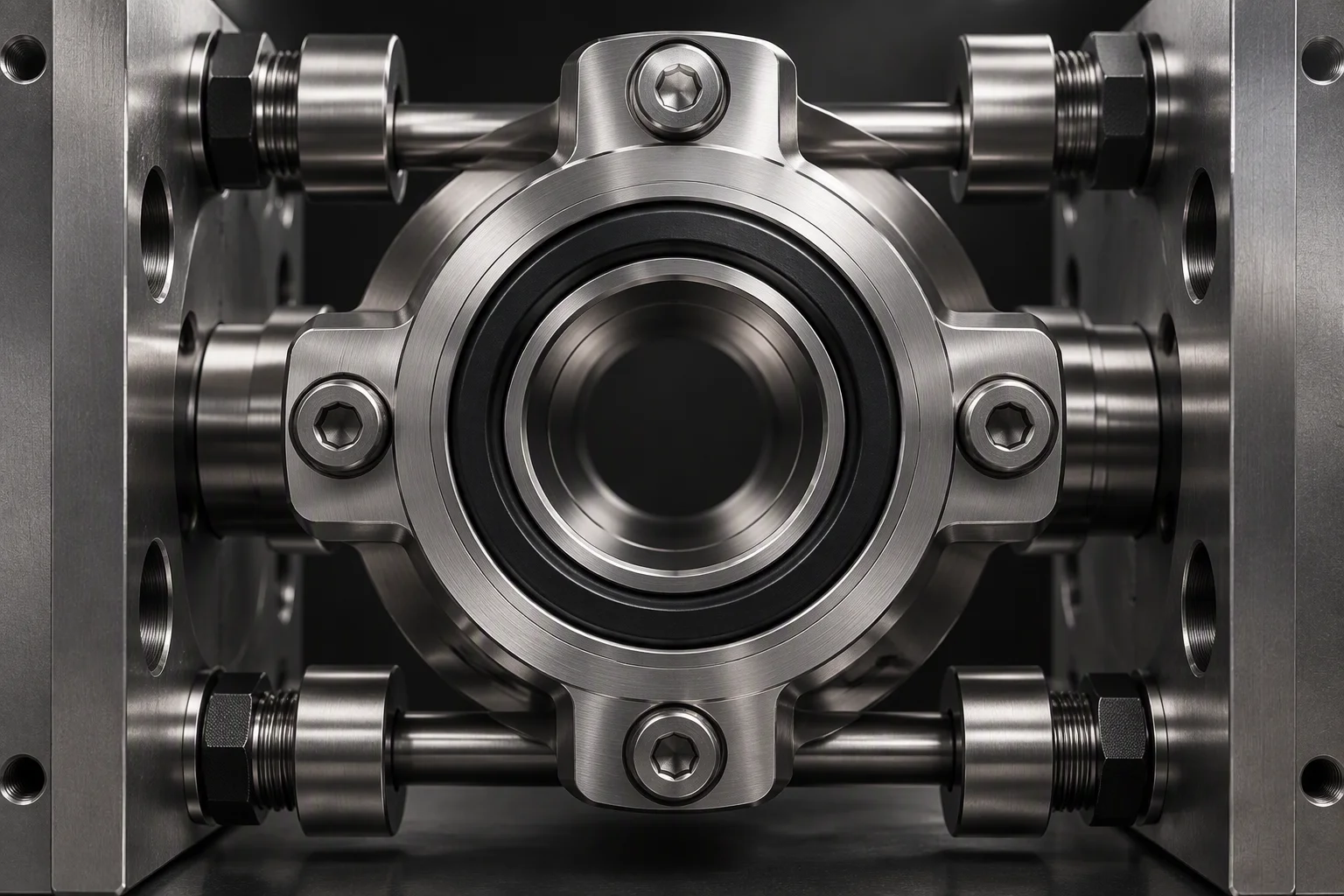 Rendering: a coupling body clamped between two fixture plates, its seal face turned toward the camera