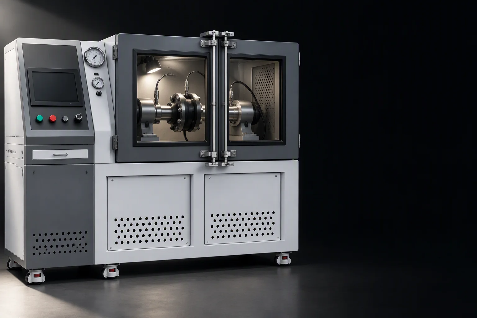 Rendering: a coupling sealed inside a compact test chamber, its instruments unreadable, on a bench lit from one side