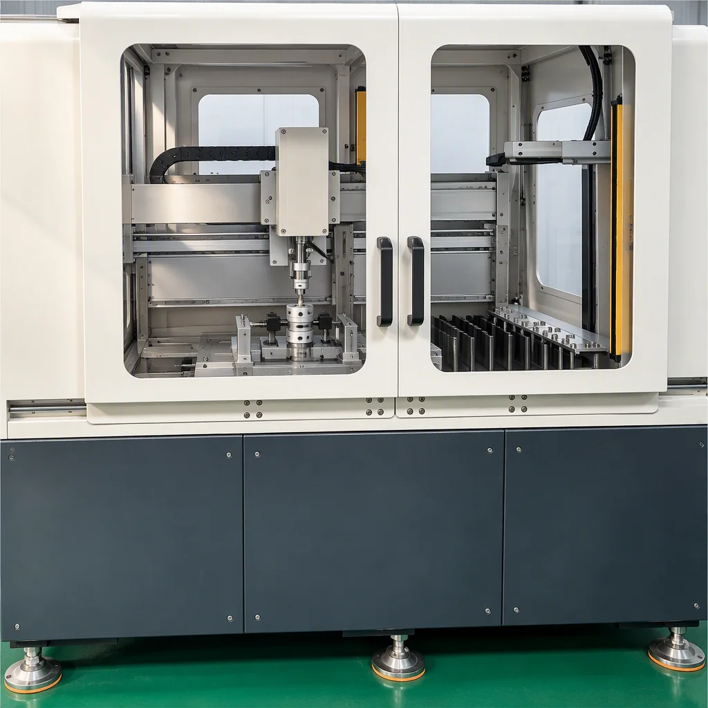 Rendering: a cycle-test station where an actuator repeatedly mates a single coupling, its counter digits unreadable