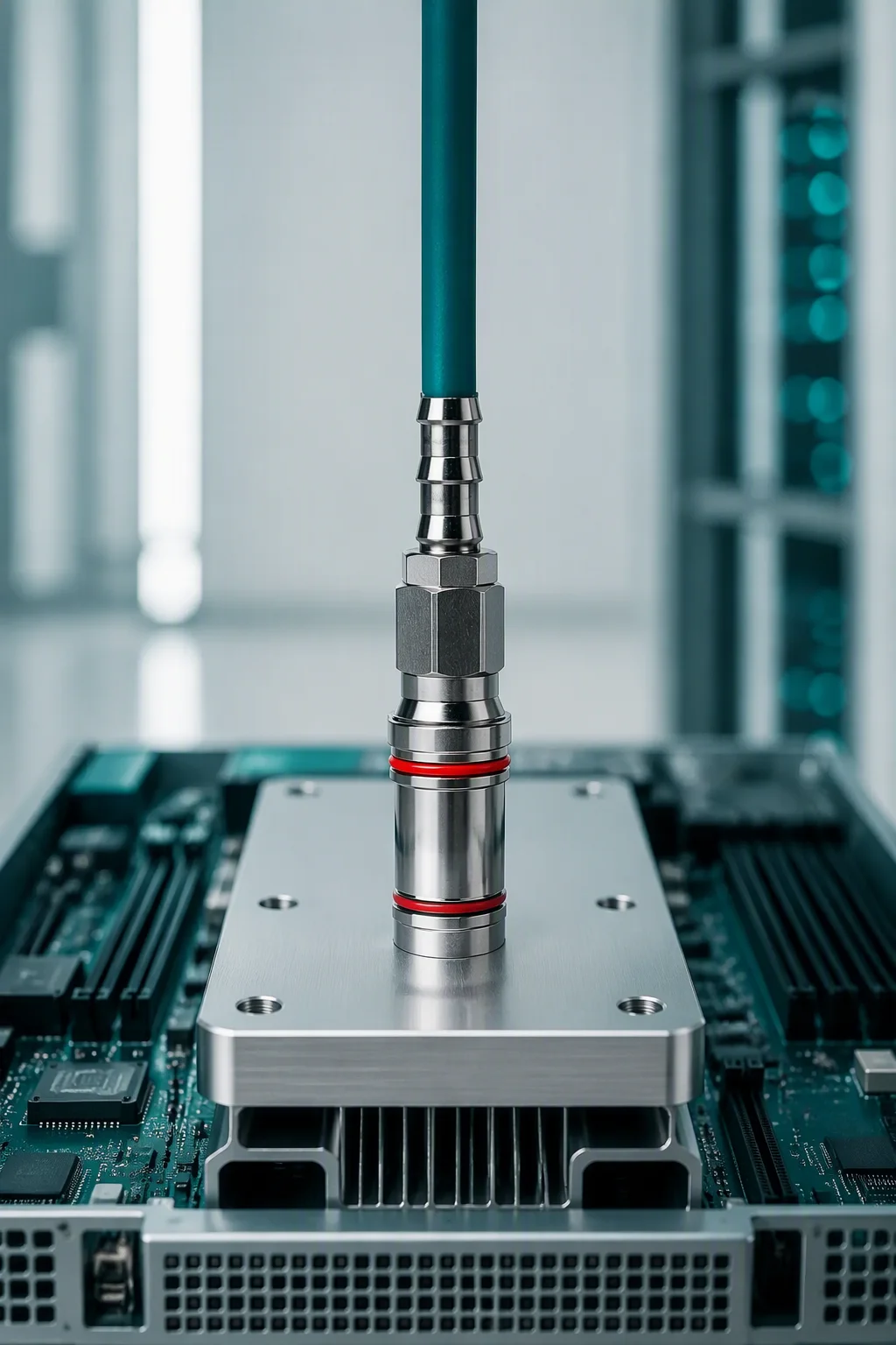 UQ04 coupling set connected to a cold plate loop inside a 1U server chassis