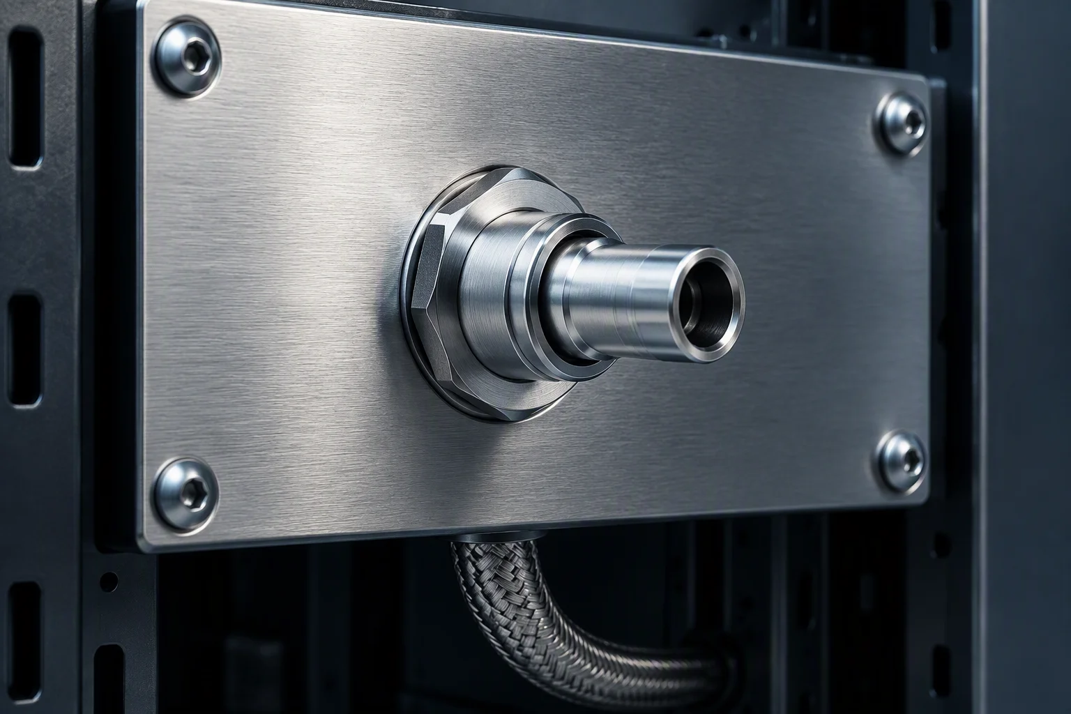 Rendering: a quarter-inch socket mounted through a tray backplate, its hose routed away beneath the panel