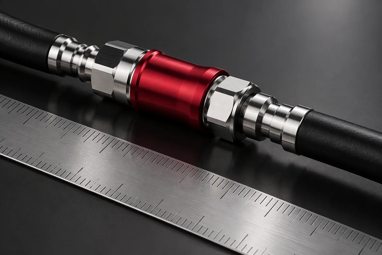A quarter-inch mated pair laid beside a satin steel rule, graduations unreadable (generated image)