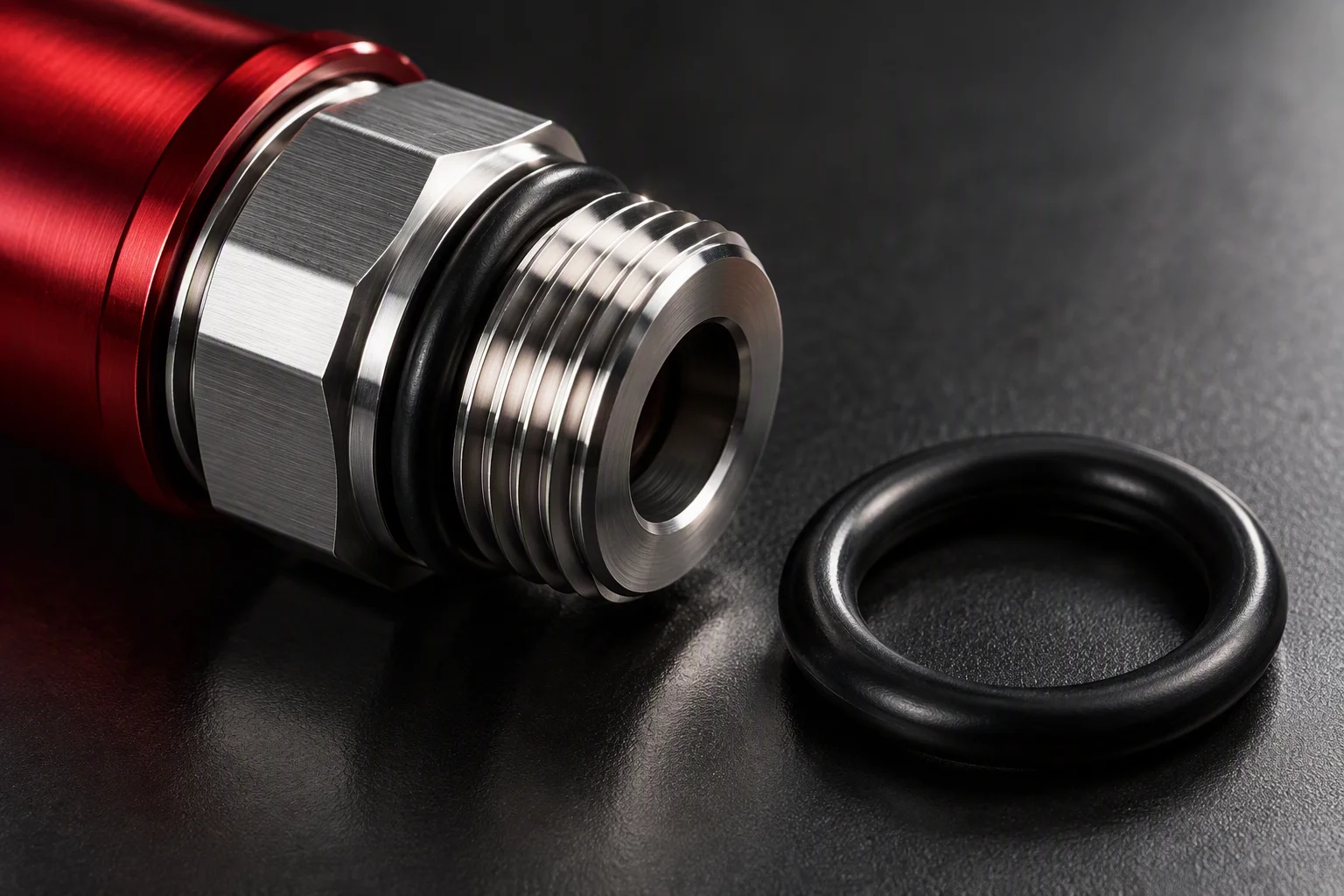Rendering: a macro of a threaded ORB end and its elastomer gasket lying side by side on a dark plate