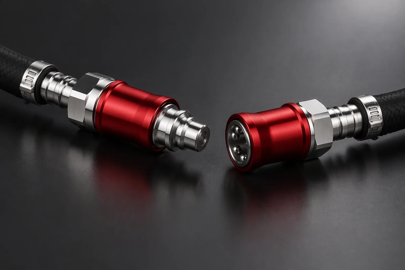 A quarter-inch plug and socket drawn apart, both hose tails visible (generated image)