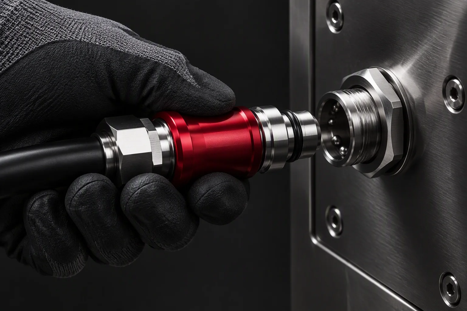A gloved hand connecting a coupling to a panel-mounted socket, one hand only, no face in frame (generated image)