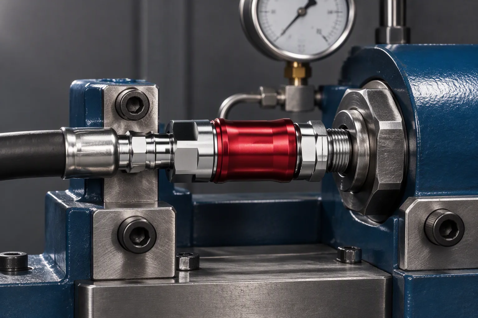 A coupling clamped in a hydraulic pressure fixture under a single bench lamp, gauges unreadable (generated image)