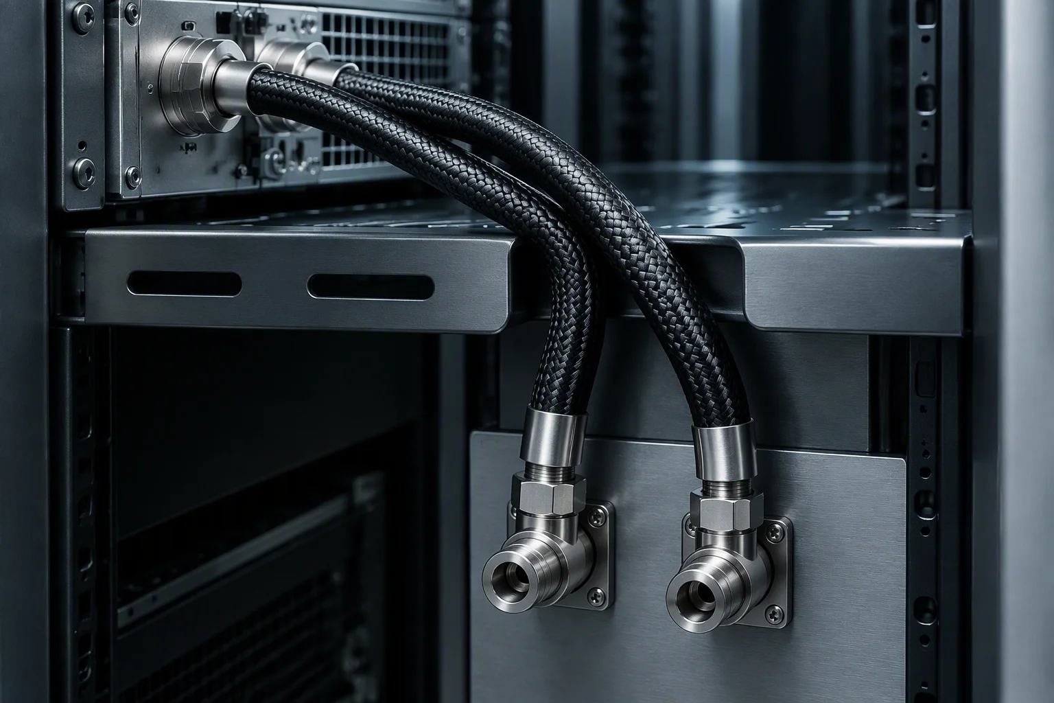 Rendering: a three-eighth-inch hose pair crossing a tray edge down to two panel-mounted sockets