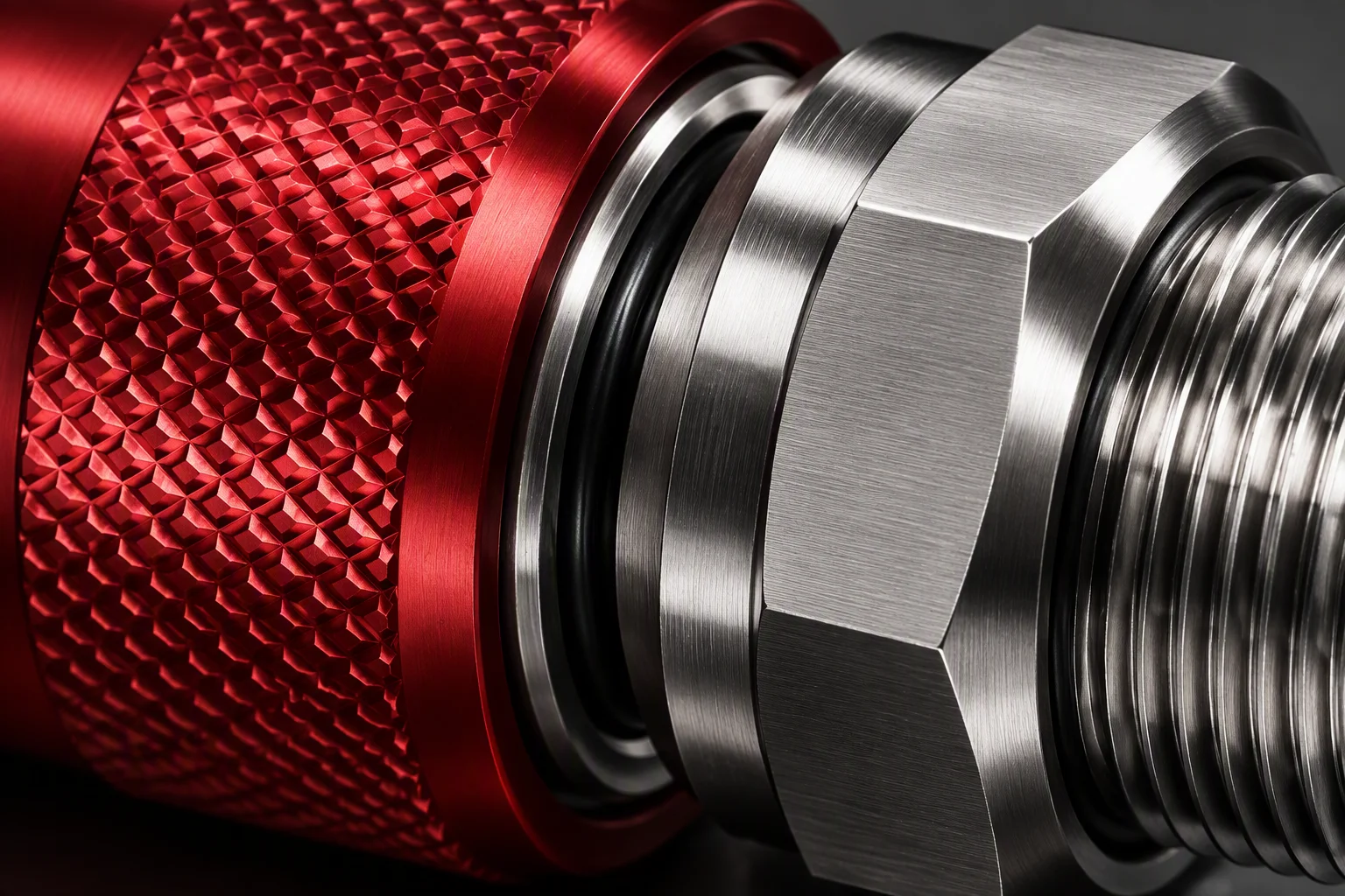 Rendering: a macro of a knurled lock sleeve and the seal seat beside it, both filling the frame