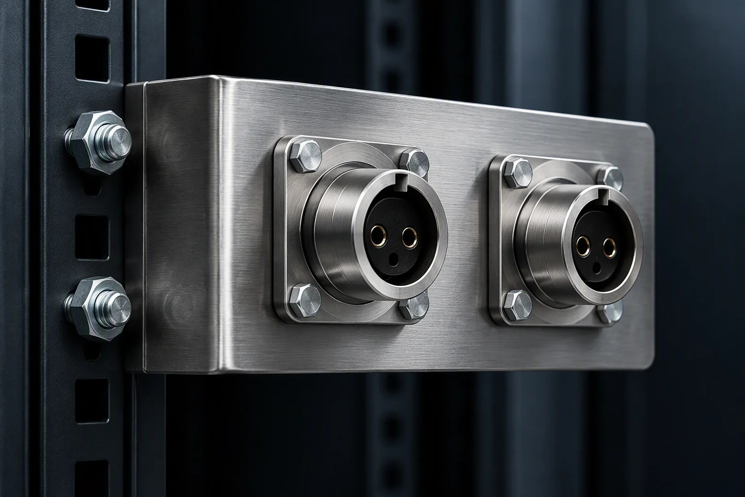 Rendering: a bent stainless bracket carrying two sockets, bolted to a rail with locknuts behind