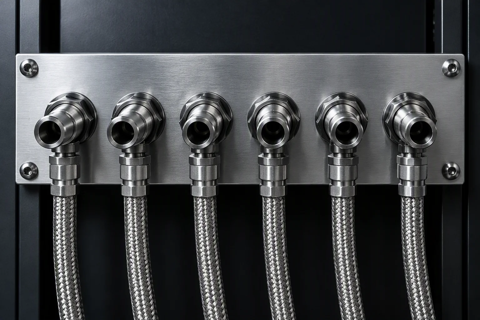 Rendering: six three-eighth-inch sockets in one row through a panel, braided hoses dropping below
