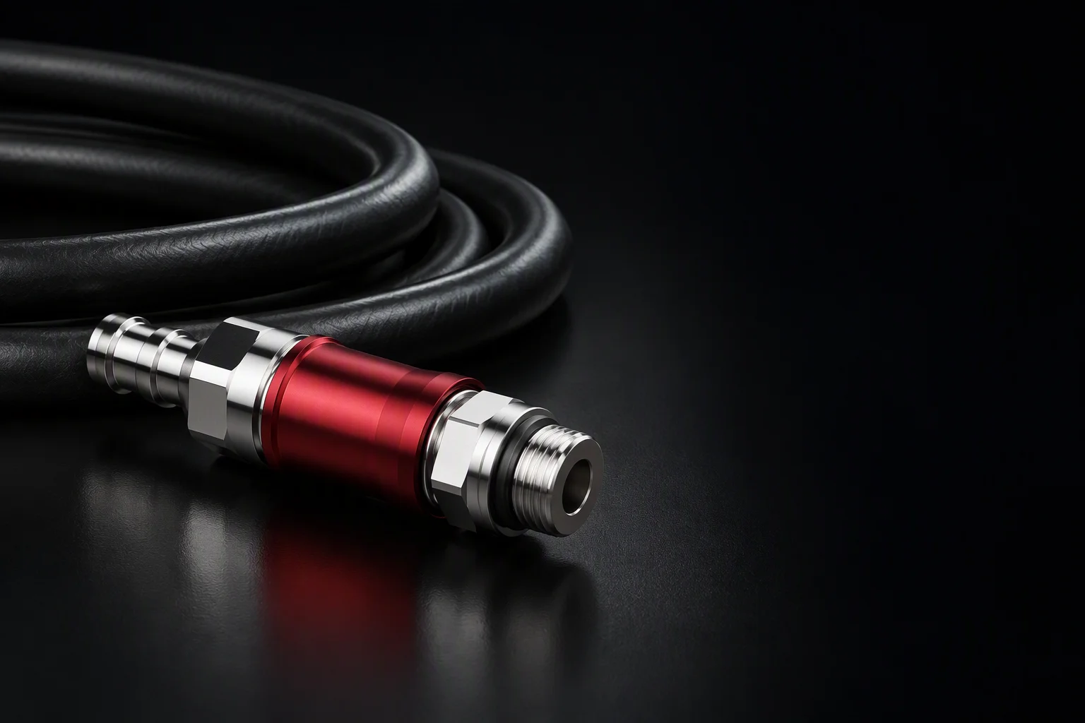 Half-inch quick disconnect coupling resting beside two coils of braided supply hose