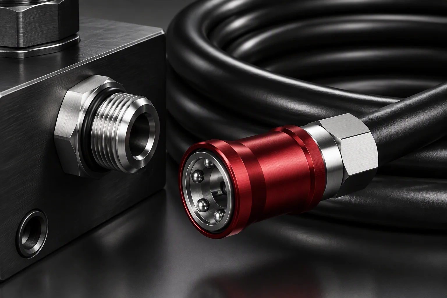 Threaded ORB port with a coiled supply hose beside it