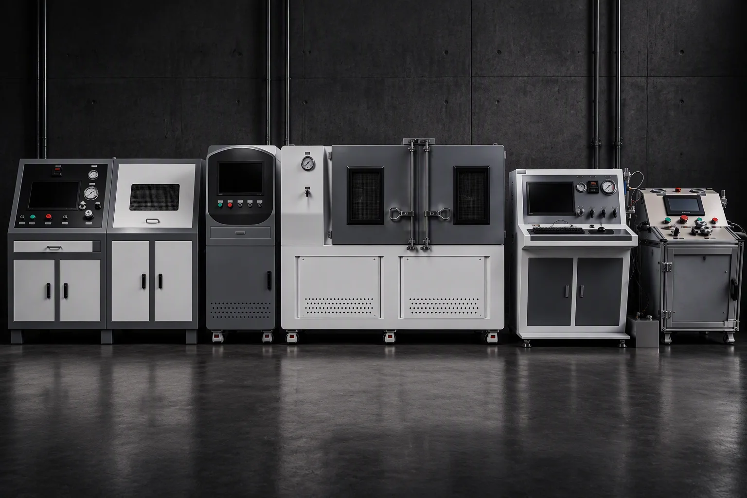 A row of leak and pressure test benches against a workshop wall, rendered