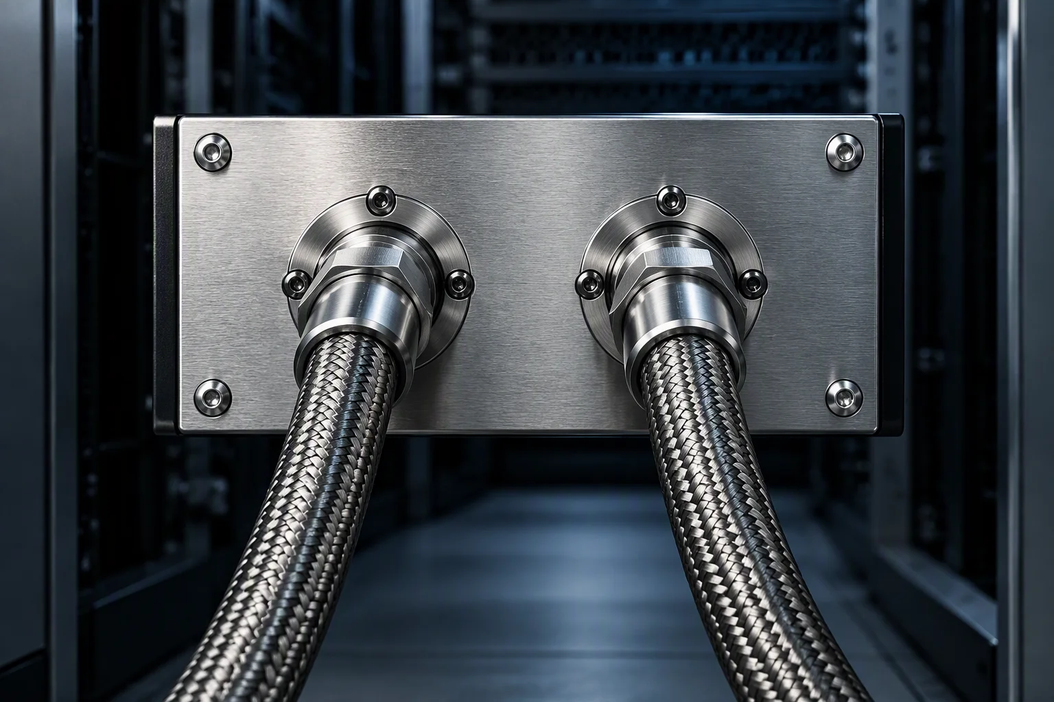 A CDU faceplate carrying a port pair, braided hoses dropping toward the floor (generated image)