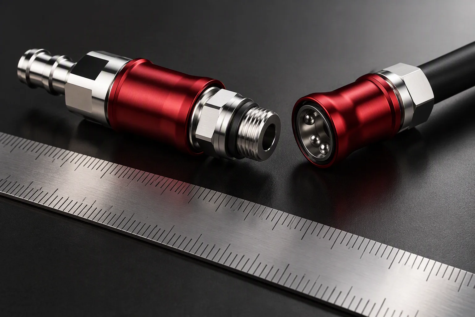 A half-inch coupling pair beside a steel rule with unreadable graduations